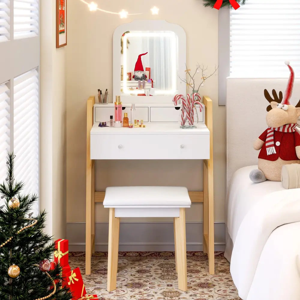 Adjustable Height Vanity Desk Set with 3-Color LED Lighted Mirror and Drawers-White - White - Makeup Vanities