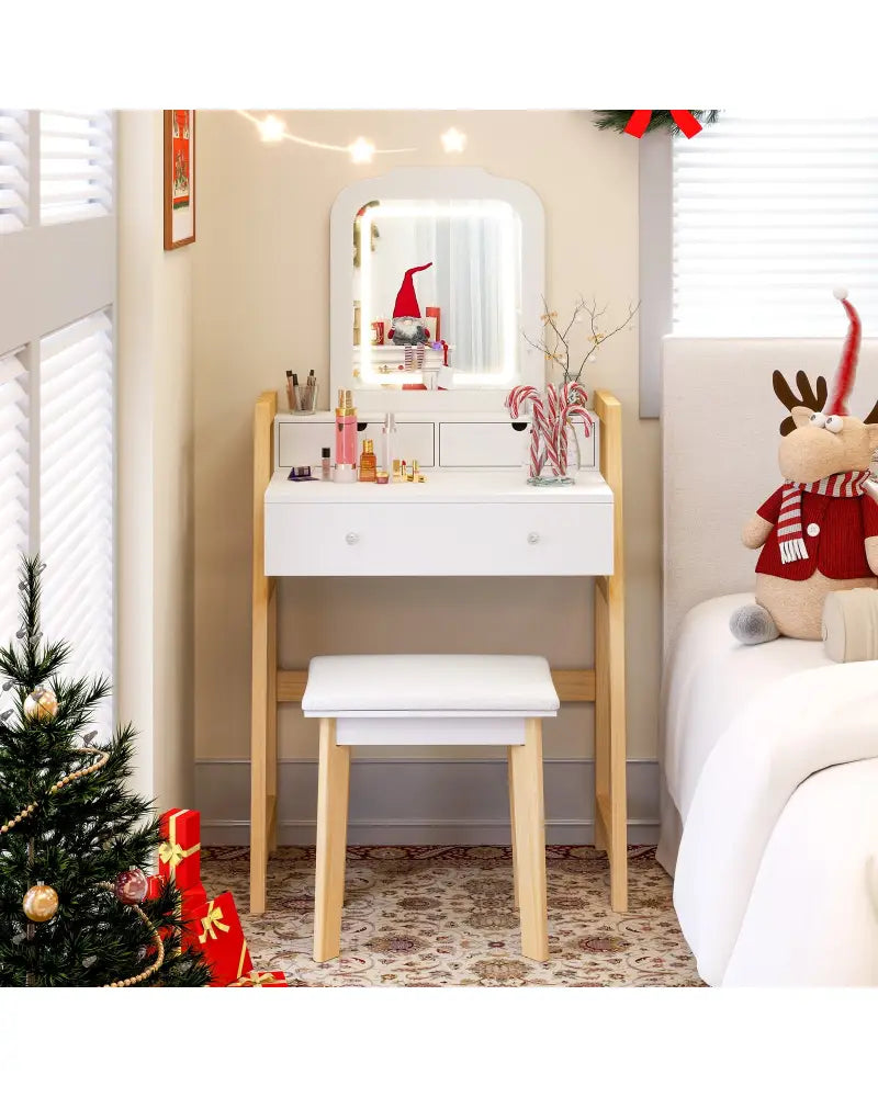 Adjustable Height Vanity Desk Set with 3-Color LED Lighted Mirror and Drawers-White - White - Makeup Vanities