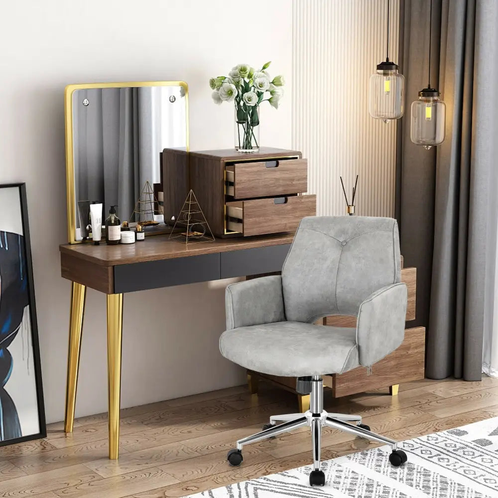 Adjustable Hollow Mid Back Leisure Office Chair with Armrest-Gray - Gray - Leisure Chairs
