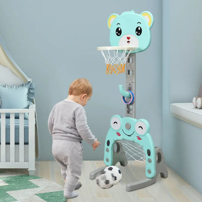 Adjustable Kids 3-in-1 Basketball Hoop Set Stand with Balls - Green - Toy Sports