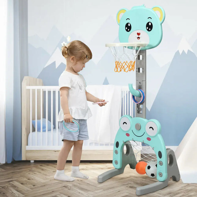 Adjustable Kids 3-in-1 Basketball Hoop Set Stand with Balls - Green - Toy Sports