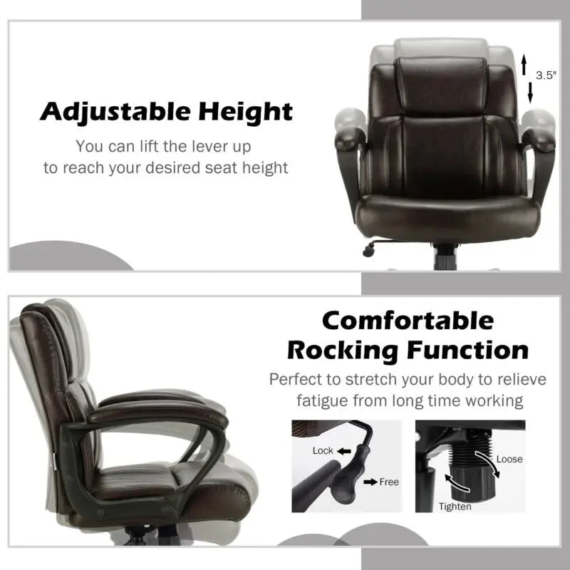 Adjustable Leather Executive Office Chair Computer Desk Chair with Armrest - Brown - Executive Chairs