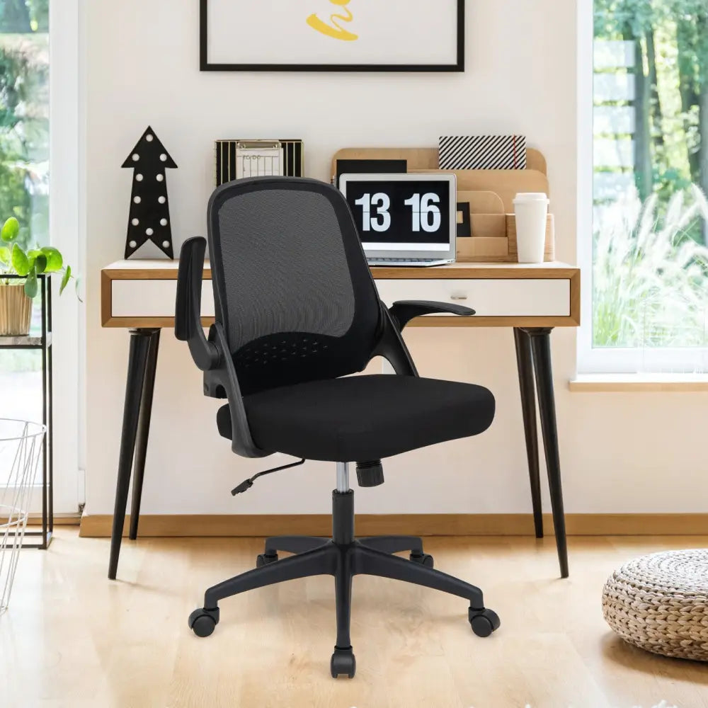 Adjustable Mesh Office Chair Rolling Computer Desk Chair with Flip-up Armrest-Black - Black - Mesh Chairs
