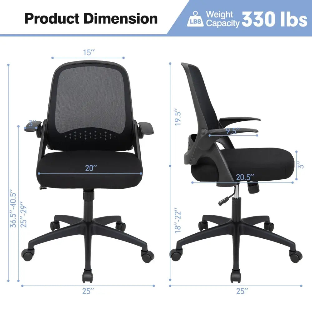 Adjustable Mesh Office Chair Rolling Computer Desk Chair with Flip-up Armrest-Black - Black - Mesh Chairs