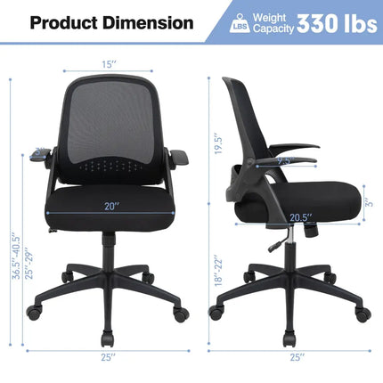 Adjustable Mesh Office Chair Rolling Computer Desk Chair with Flip-up Armrest-Black - Black - Mesh Chairs