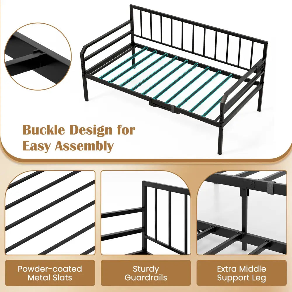 Adjustable Metal Twin Size Daybed with Charging Station and LED Light-Black - Black - Trundle Bed Frame