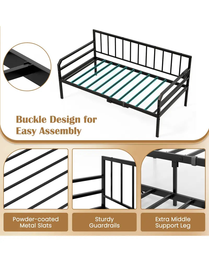 Adjustable Metal Twin Size Daybed with Charging Station and LED Light-Black - Black - Trundle Bed Frame
