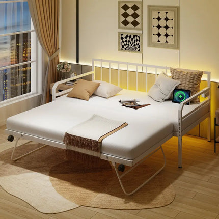 Adjustable Metal Twin Size Daybed with Charging Station and LED Light-White - White - Trundle Bed Frame