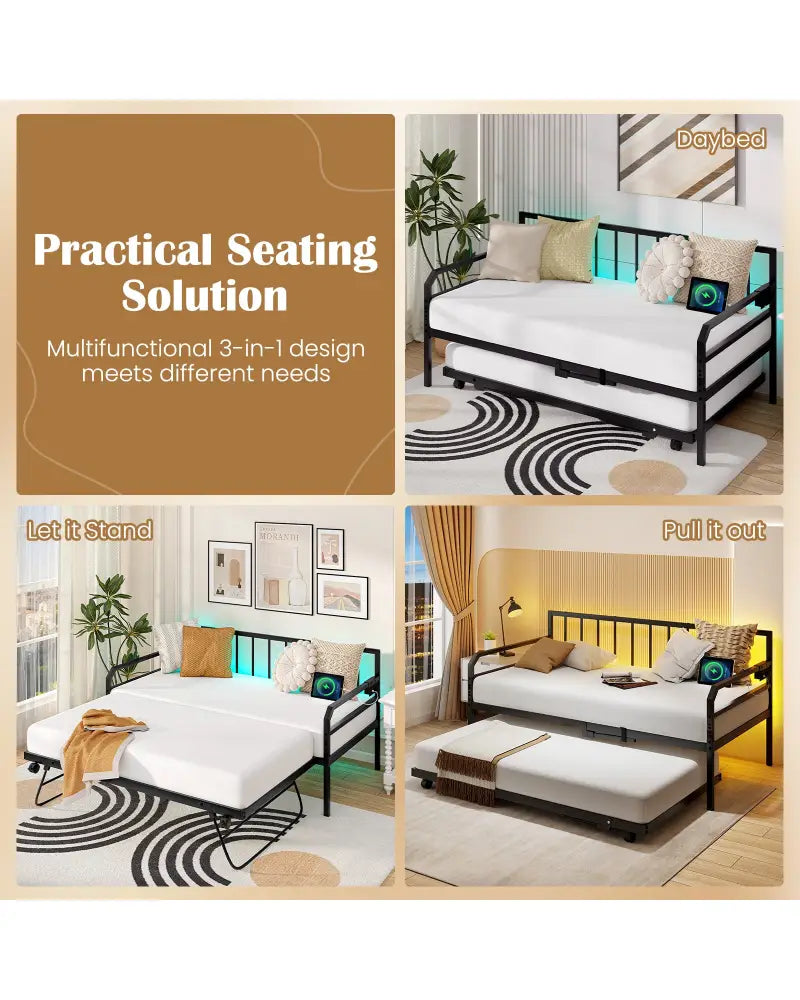 Adjustable Metal Twin Size Daybed with Charging Station and LED Light-Black - Black - Trundle Bed Frame