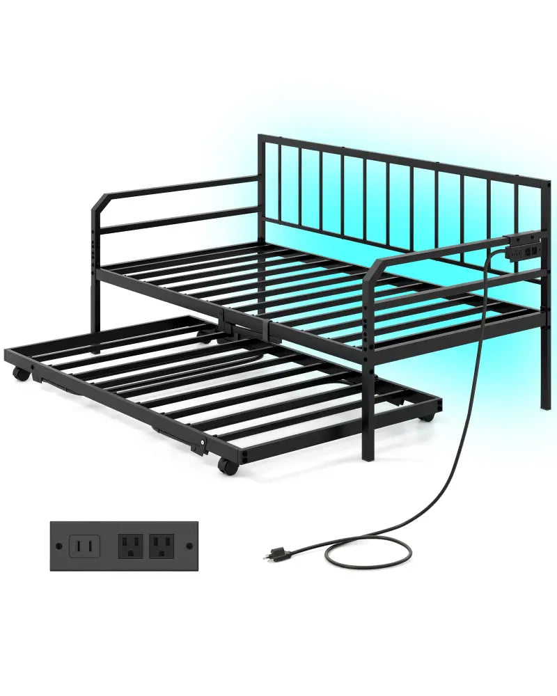 Adjustable Metal Twin Size Daybed with Charging Station and LED Light-Black - Black - Trundle Bed Frame