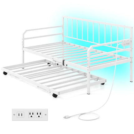 Adjustable Metal Twin Size Daybed with Charging Station and LED Light-White - White - Trundle Bed Frame