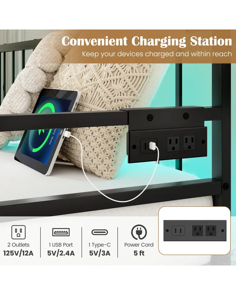 Adjustable Metal Twin Size Daybed with Charging Station and LED Light-Black - Black - Trundle Bed Frame