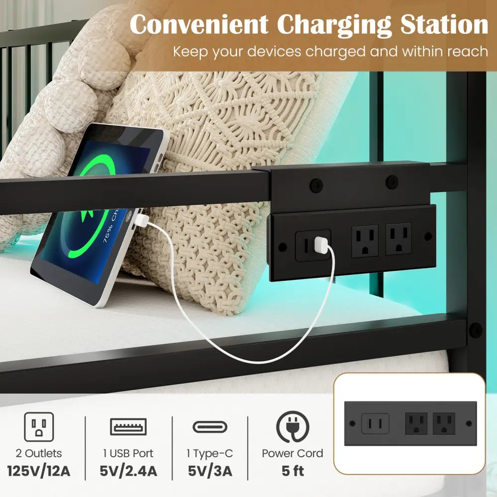Adjustable Metal Twin Size Daybed with Charging Station and LED Light-Black - Black - Trundle Bed Frame