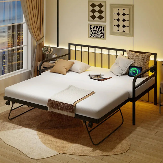 Adjustable Metal Twin Size Daybed with Charging Station and LED Light-Black - Black - Trundle Bed Frame