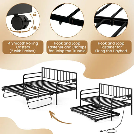 Adjustable Metal Twin Size Daybed with Charging Station and LED Light-Black - Black - Trundle Bed Frame