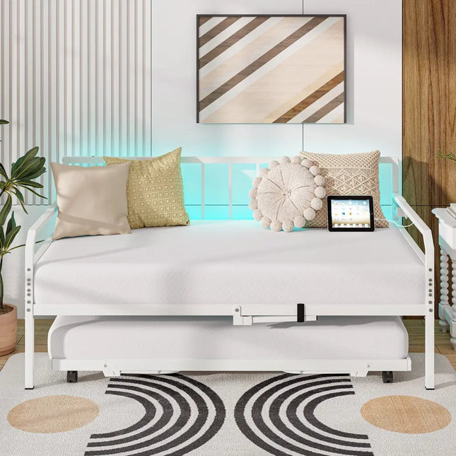 Adjustable Metal Twin Size Daybed with Charging Station and LED Light-White - White - Trundle Bed Frame
