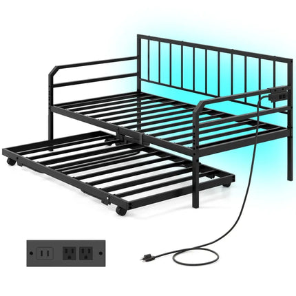 Adjustable Metal Twin Size Daybed with Charging Station and LED Light-Black - Black - Trundle Bed Frame
