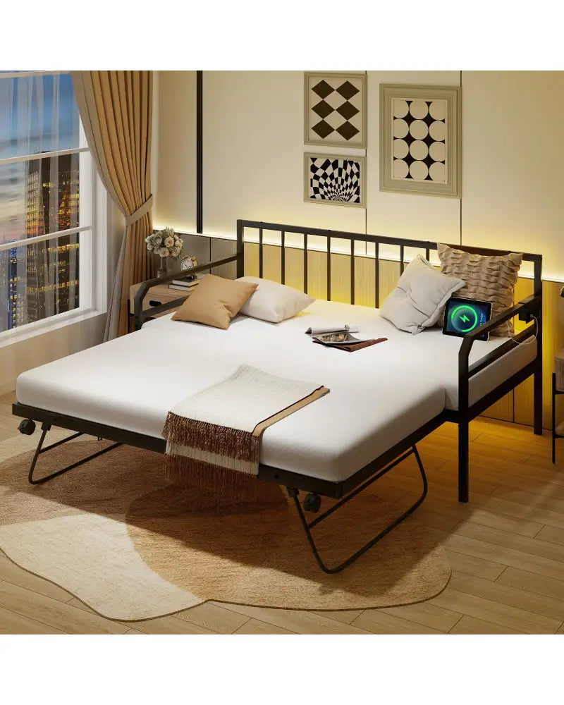 Adjustable Metal Twin Size Daybed with Charging Station and LED Light-Black - Black - Trundle Bed Frame
