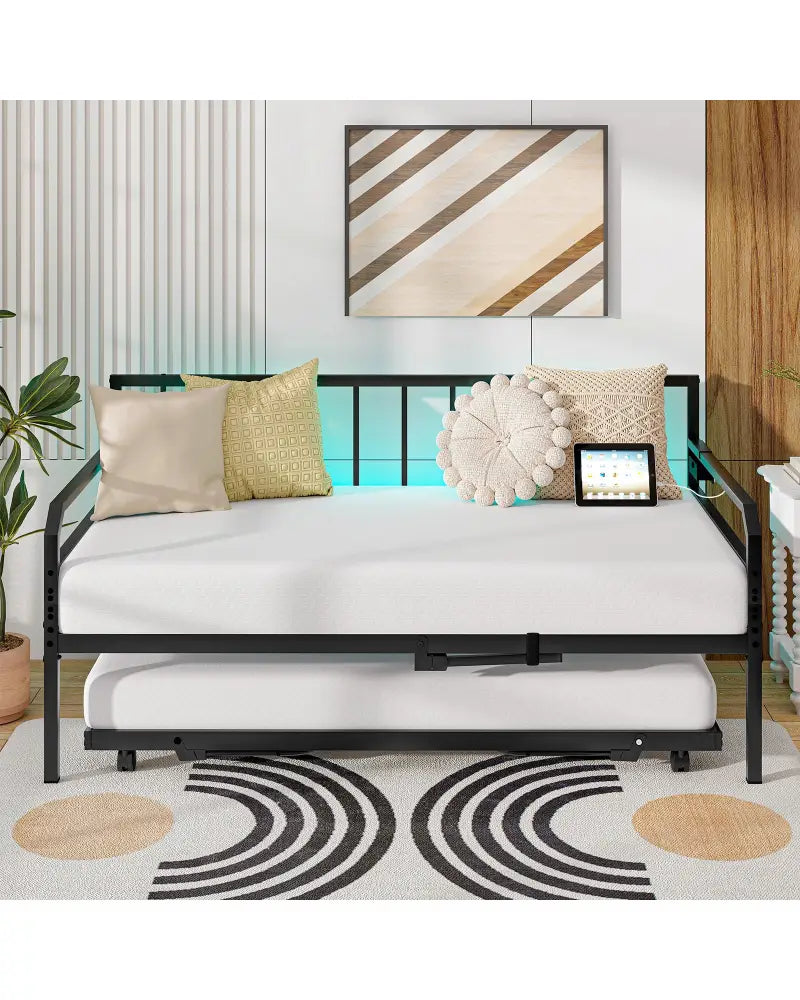 Adjustable Metal Twin Size Daybed with Charging Station and LED Light-Black - Black - Trundle Bed Frame