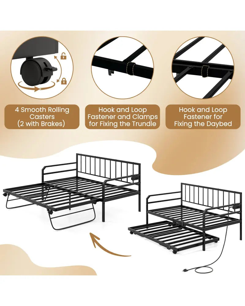 Adjustable Metal Twin Size Daybed with Charging Station and LED Light-Black - Black - Trundle Bed Frame