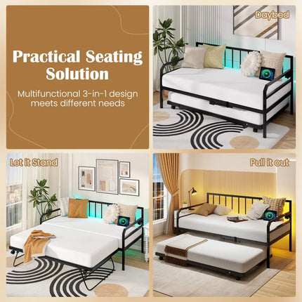Adjustable Metal Twin Size Daybed with Charging Station and LED Light-Black - Black - Trundle Bed Frame