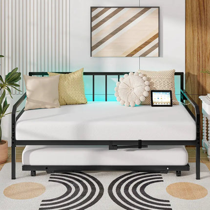 Adjustable Metal Twin Size Daybed with Charging Station and LED Light-Black - Black - Trundle Bed Frame