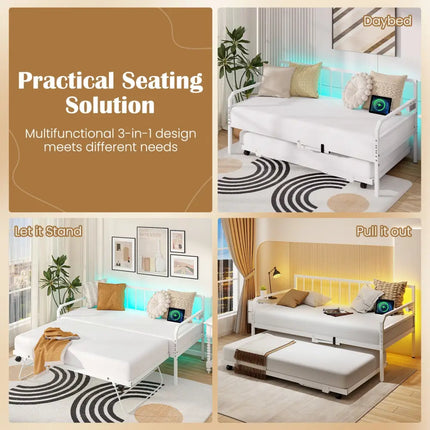 Adjustable Metal Twin Size Daybed with Charging Station and LED Light-White - White - Trundle Bed Frame