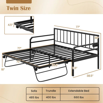 Adjustable Metal Twin Size Daybed with Charging Station and LED Light-Black - Black - Trundle Bed Frame