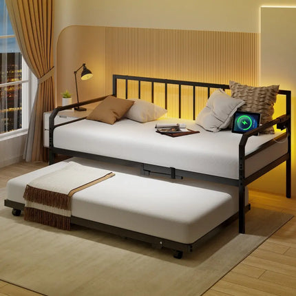 Adjustable Metal Twin Size Daybed with Charging Station and LED Light-Black - Black - Trundle Bed Frame