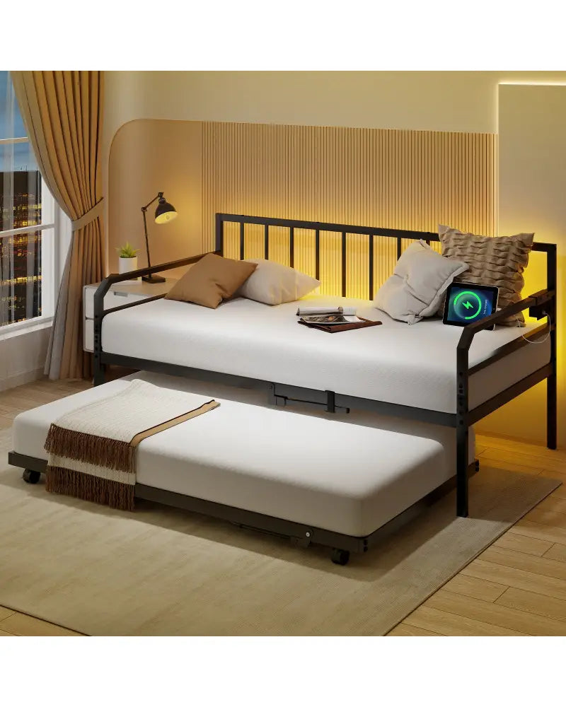Adjustable Metal Twin Size Daybed with Charging Station and LED Light-Black - Black - Trundle Bed Frame