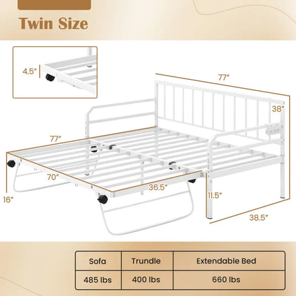 Adjustable Metal Twin Size Daybed with Charging Station and LED Light-White - White - Trundle Bed Frame