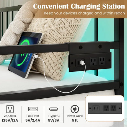 Adjustable Metal Twin Size Daybed with Charging Station and LED Light-Black - Black - Trundle Bed Frame