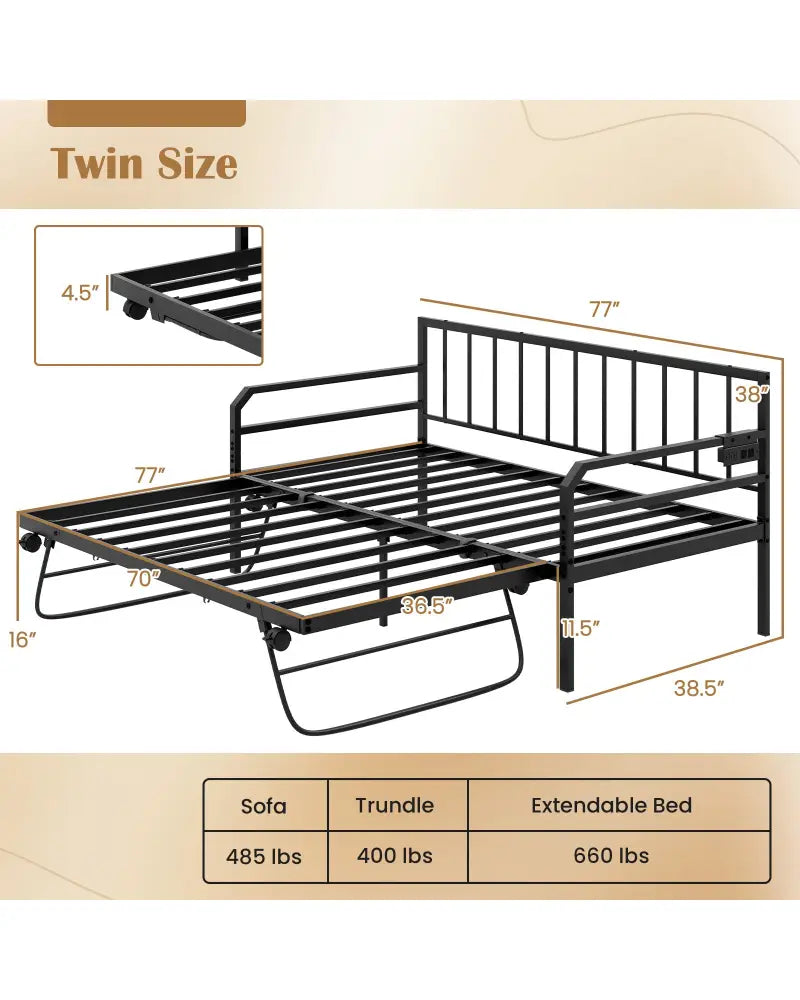 Adjustable Metal Twin Size Daybed with Charging Station and LED Light-Black - Black - Trundle Bed Frame