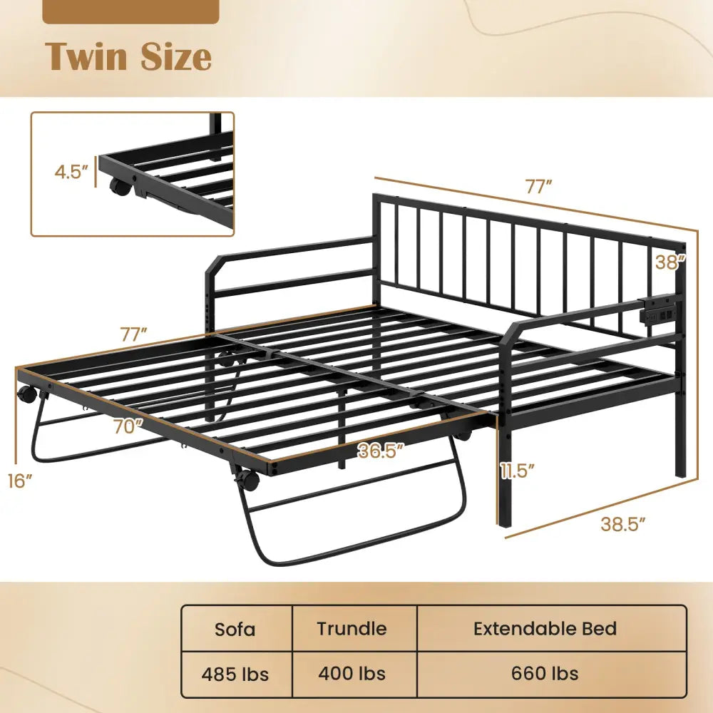Adjustable Metal Twin Size Daybed with Charging Station and LED Light-Black - Black - Trundle Bed Frame