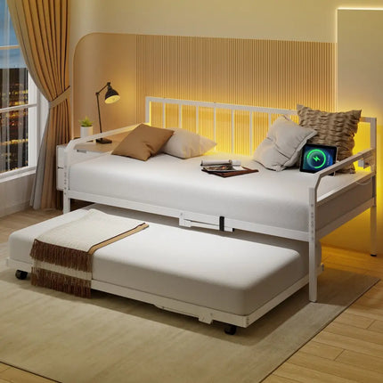 Adjustable Metal Twin Size Daybed with Charging Station and LED Light-White - White - Trundle Bed Frame