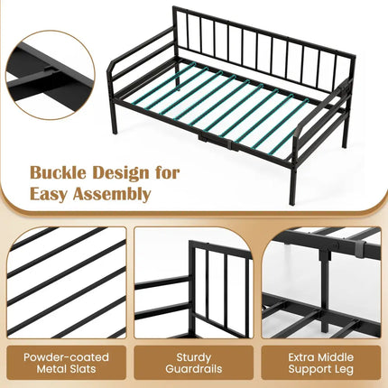 Adjustable Metal Twin Size Daybed with Charging Station and LED Light-Black - Black - Trundle Bed Frame