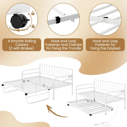 Adjustable Metal Twin Size Daybed with Charging Station and LED Light-White - White - Trundle Bed Frame