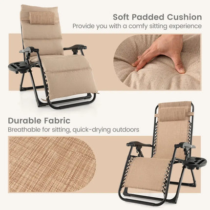 Adjustable Metal Zero Gravity Lounge Chair with Removable Cushion and Cup Holder Tray-Beige - Beige - Outdoor Seating &