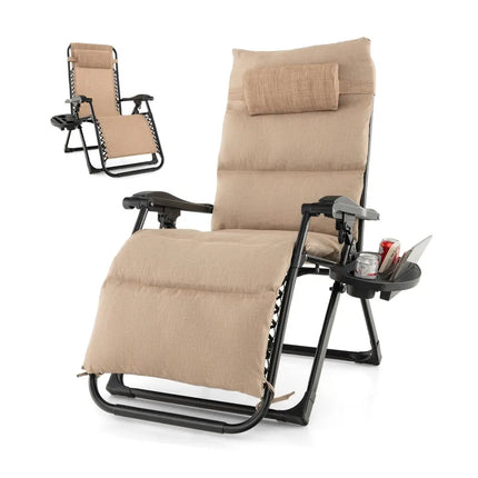 Adjustable Metal Zero Gravity Lounge Chair with Removable Cushion and Cup Holder Tray-Beige - Beige - Outdoor Seating &