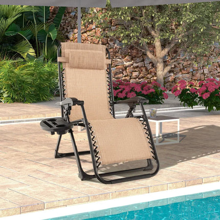 Adjustable Metal Zero Gravity Lounge Chair with Removable Cushion and Cup Holder Tray-Beige - Beige - Outdoor Seating &