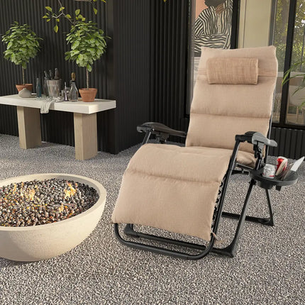 Adjustable Metal Zero Gravity Lounge Chair with Removable Cushion and Cup Holder Tray-Beige - Beige - Outdoor Seating &