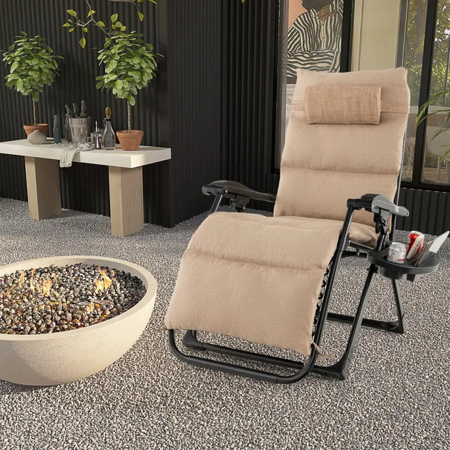Adjustable Metal Zero Gravity Lounge Chair with Removable Cushion and Cup Holder Tray-Beige - Beige - Outdoor Seating &