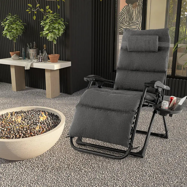 Adjustable Metal Zero Gravity Lounge Chair with Removable Cushion and Cup Holder Tray-Gray - Gray - Outdoor Seating &