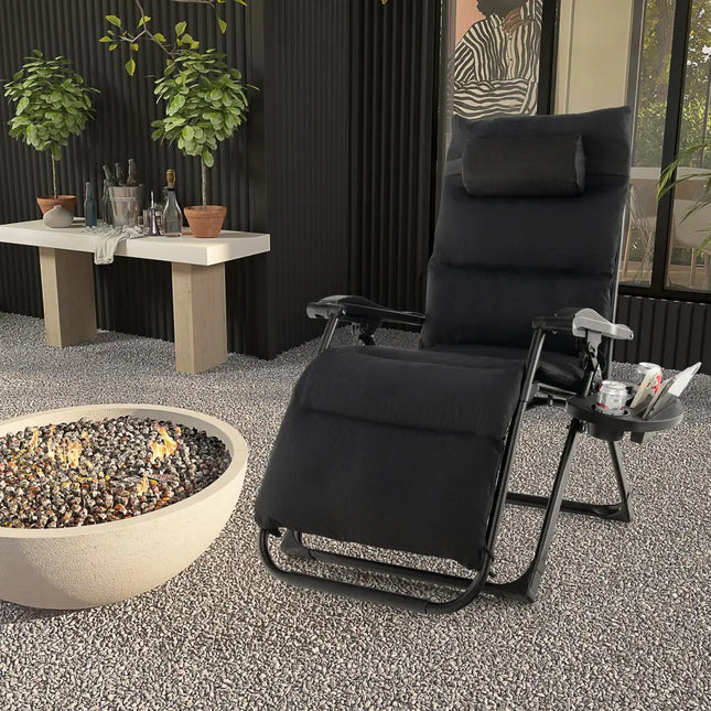 Adjustable Metal Zero Gravity Lounge Chair with Removable Cushion and Cup Holder Tray-Black - Black - Outdoor Seating &
