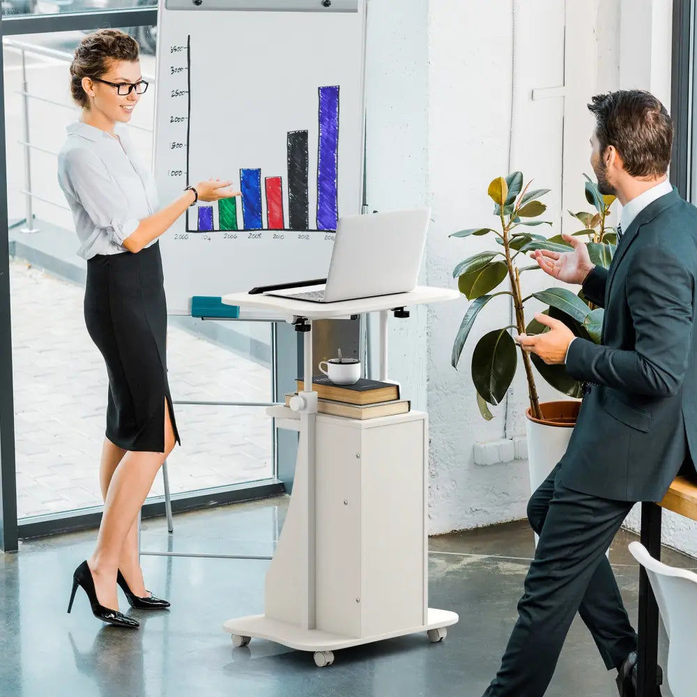 Adjustable Mobile Standing Desk Cart with Tilt Desktop and Cabinet-White - White - Laptop Tables & Printer Stands