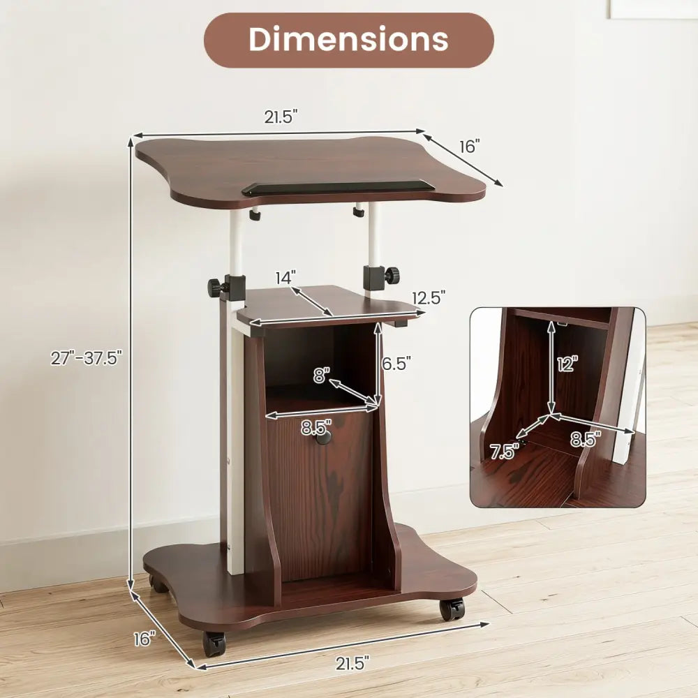 Adjustable Mobile Standing Desk Cart with Tilt Desktop and Cabinet-Brown - Brown - Laptop Tables & Printer Stands