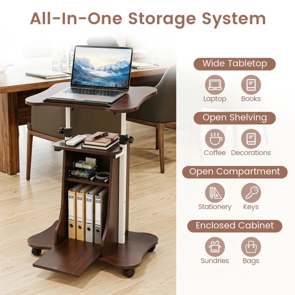 Adjustable Mobile Standing Desk Cart with Tilt Desktop and Cabinet-Brown - Brown - Laptop Tables & Printer Stands