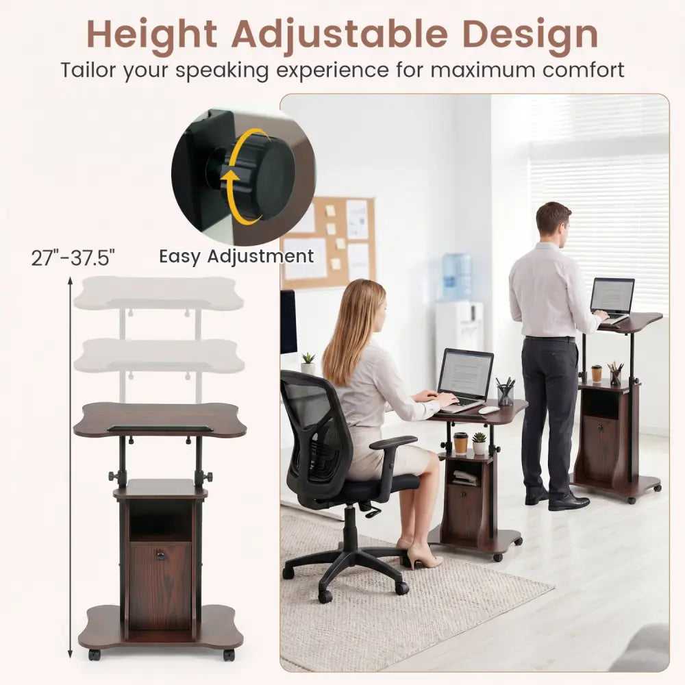 Adjustable Mobile Standing Desk Cart with Tilt Desktop and Cabinet-Brown - Brown - Laptop Tables & Printer Stands