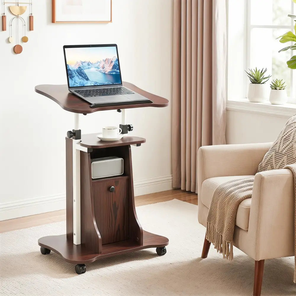 Adjustable Mobile Standing Desk Cart with Tilt Desktop and Cabinet-Brown - Brown - Laptop Tables & Printer Stands