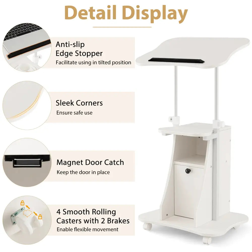 Adjustable Mobile Standing Desk Cart with Tilt Desktop and Cabinet-White - White - Laptop Tables & Printer Stands